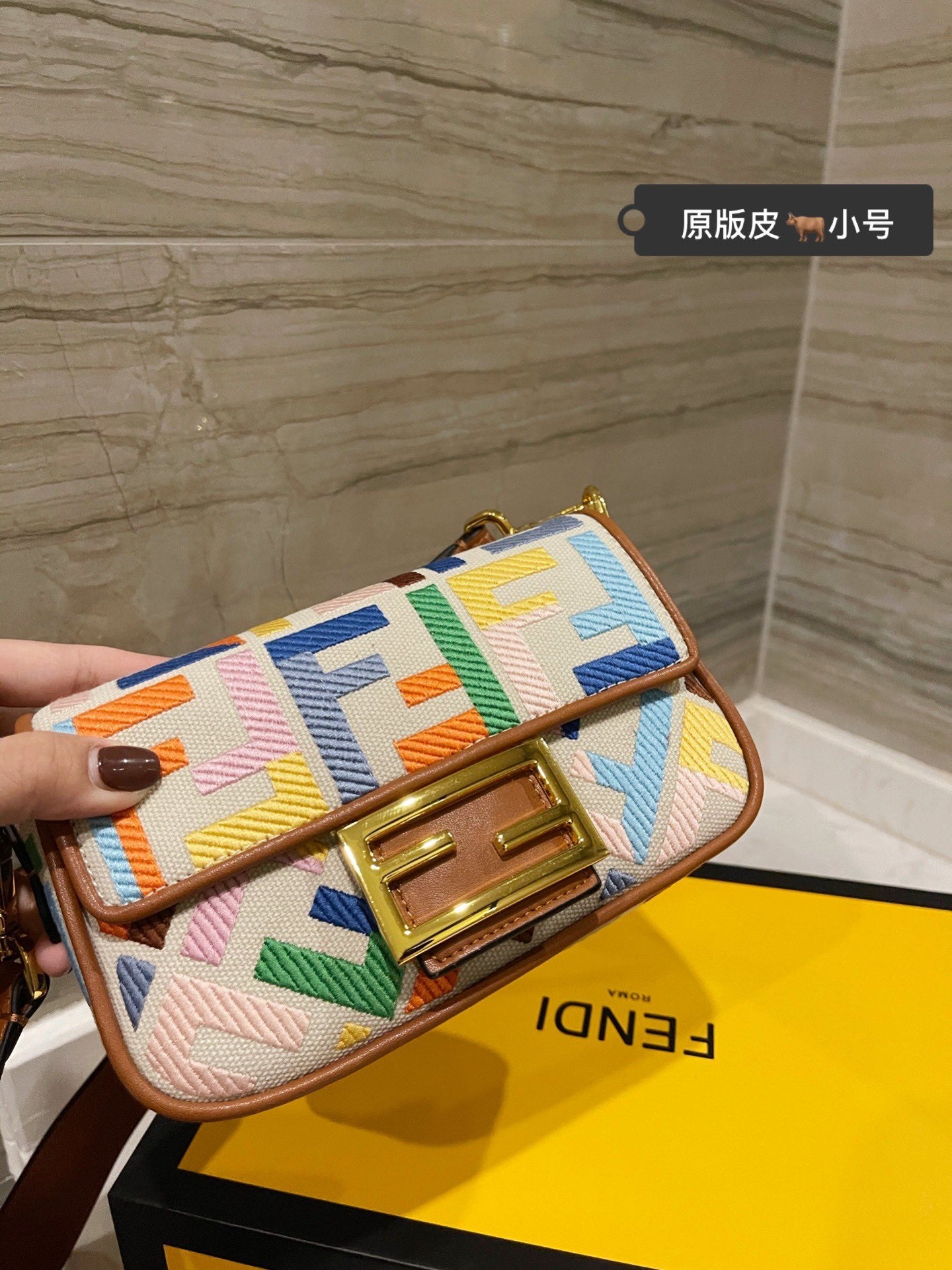 Fendi Baguette Multicolor Monogram Canvas Small Handbag with Leather Trim