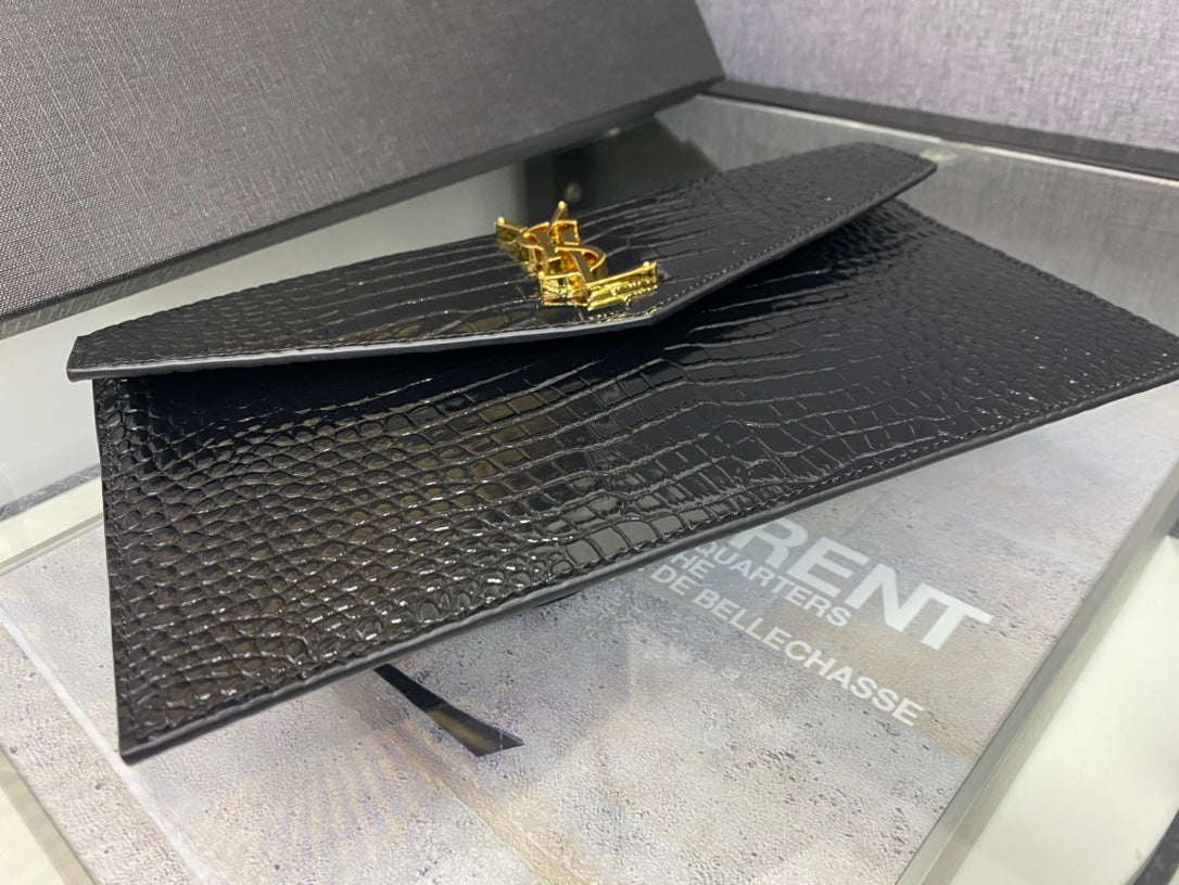 Saint Laurent Cassandre Crocodile-Embossed Leather Envelope Clutch - Black