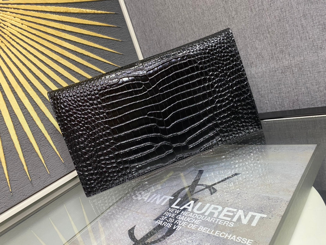 Saint Laurent Cassandre Crocodile-Embossed Leather Envelope Clutch - Black