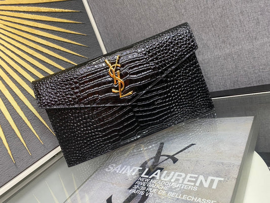 Saint Laurent Cassandre Crocodile-Embossed Leather Envelope Clutch - Black