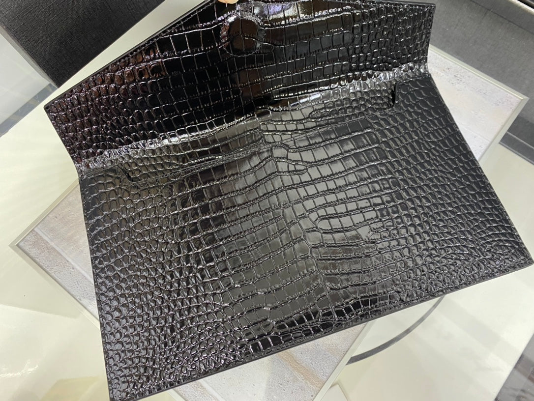 Saint Laurent Cassandre Crocodile-Embossed Leather Envelope Clutch - Black