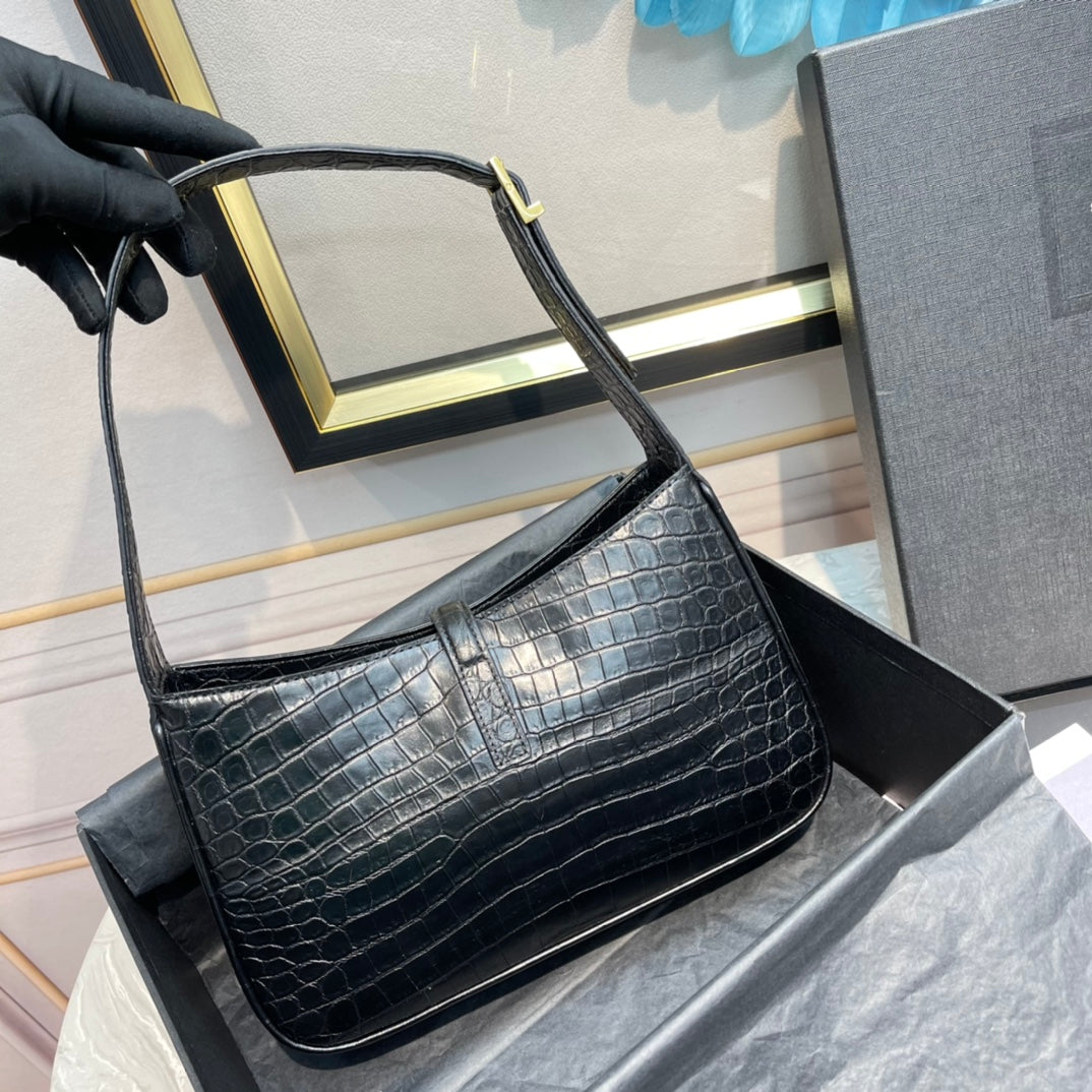 Saint Laurent Le 5 à 7 Hobo Bag in Shiny Crocodile-Embossed Leather, Black
