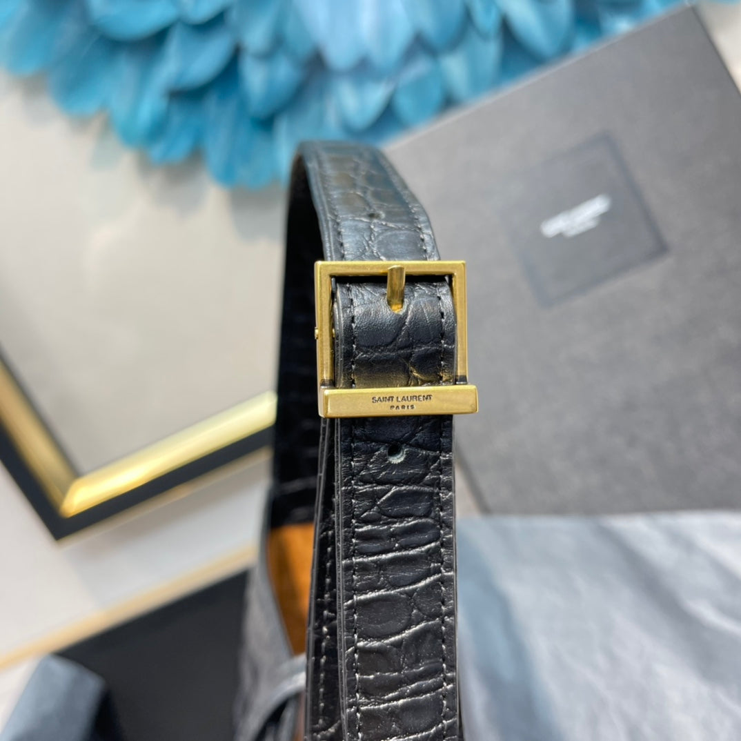 Saint Laurent Le 5 à 7 Hobo Bag in Shiny Crocodile-Embossed Leather, Black