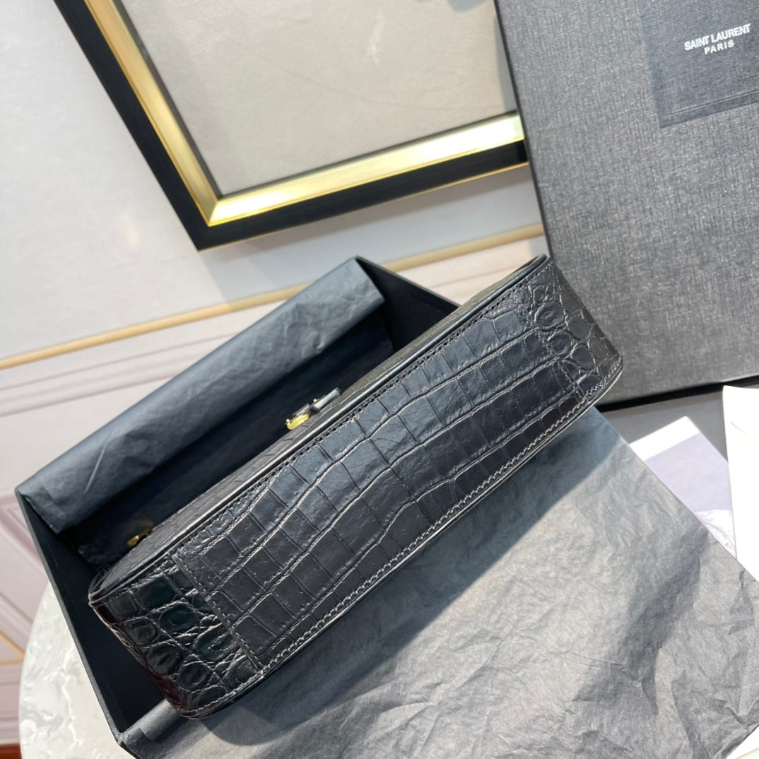 Saint Laurent Le 5 à 7 Hobo Bag in Shiny Crocodile-Embossed Leather, Black