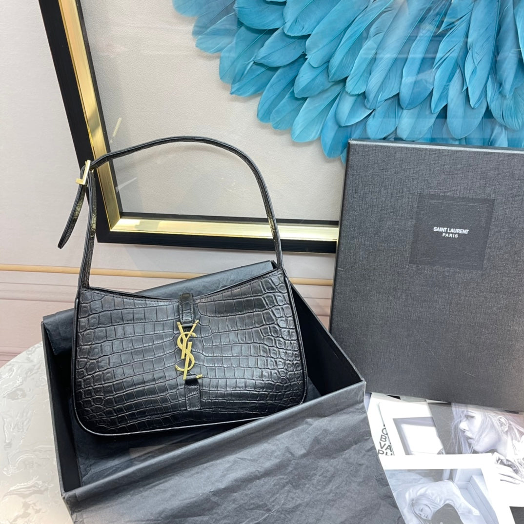 Saint Laurent Le 5 à 7 Hobo Bag in Shiny Crocodile-Embossed Leather, Black