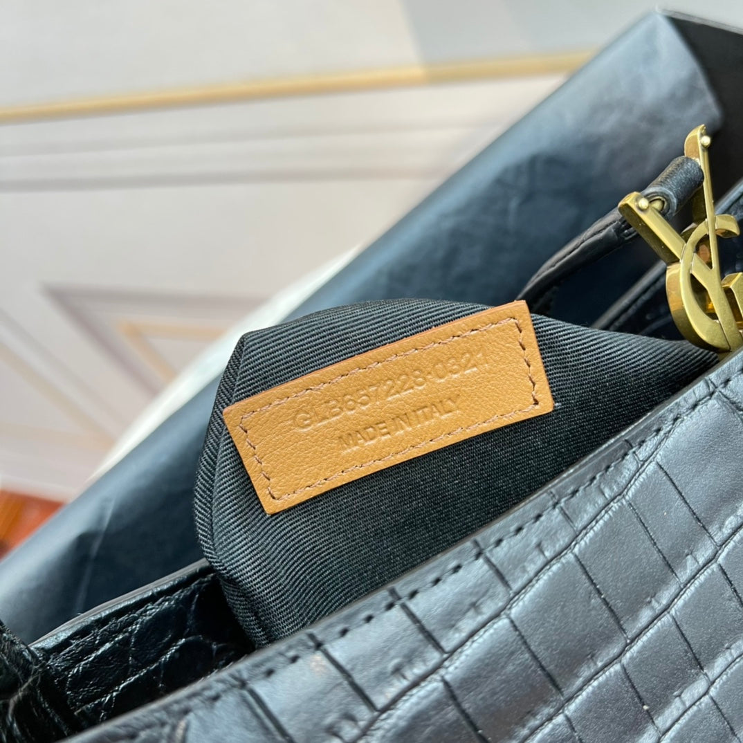 Saint Laurent Le 5 à 7 Hobo Bag in Shiny Crocodile-Embossed Leather, Black