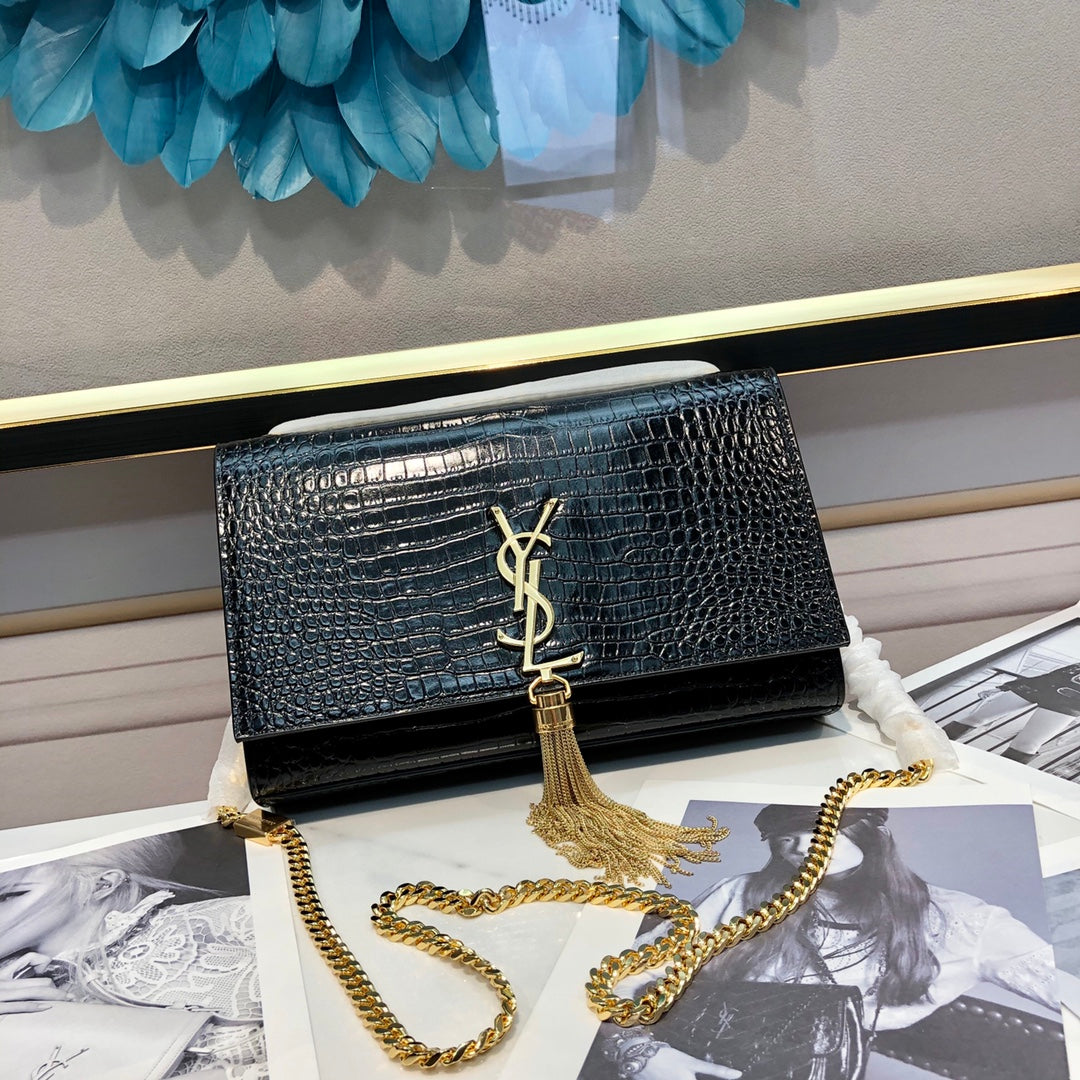 Saint Laurent Kate Tassel Shoulder Bag - Black Croc-Embossed Leather