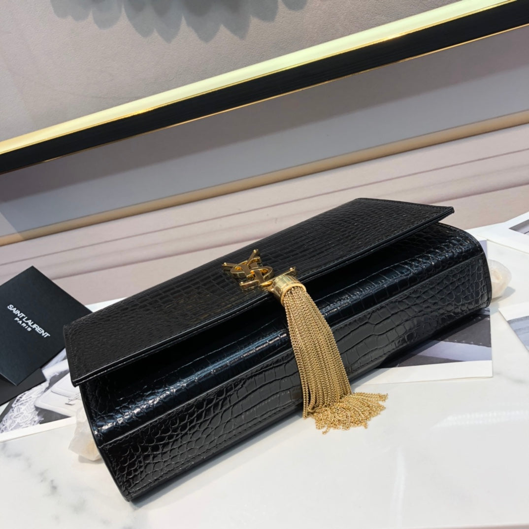 Saint Laurent Kate Tassel Shoulder Bag - Black Croc-Embossed Leather