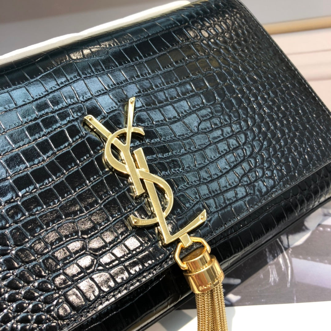 Saint Laurent Kate Tassel Shoulder Bag - Black Croc-Embossed Leather