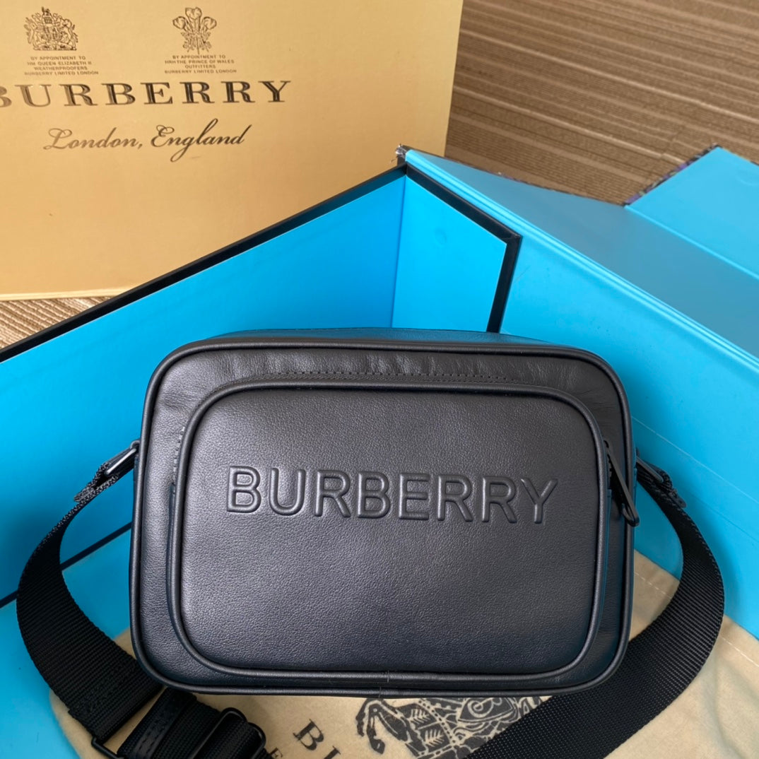 Burberry Logo Embossed Leather Crossbody Bag - Black