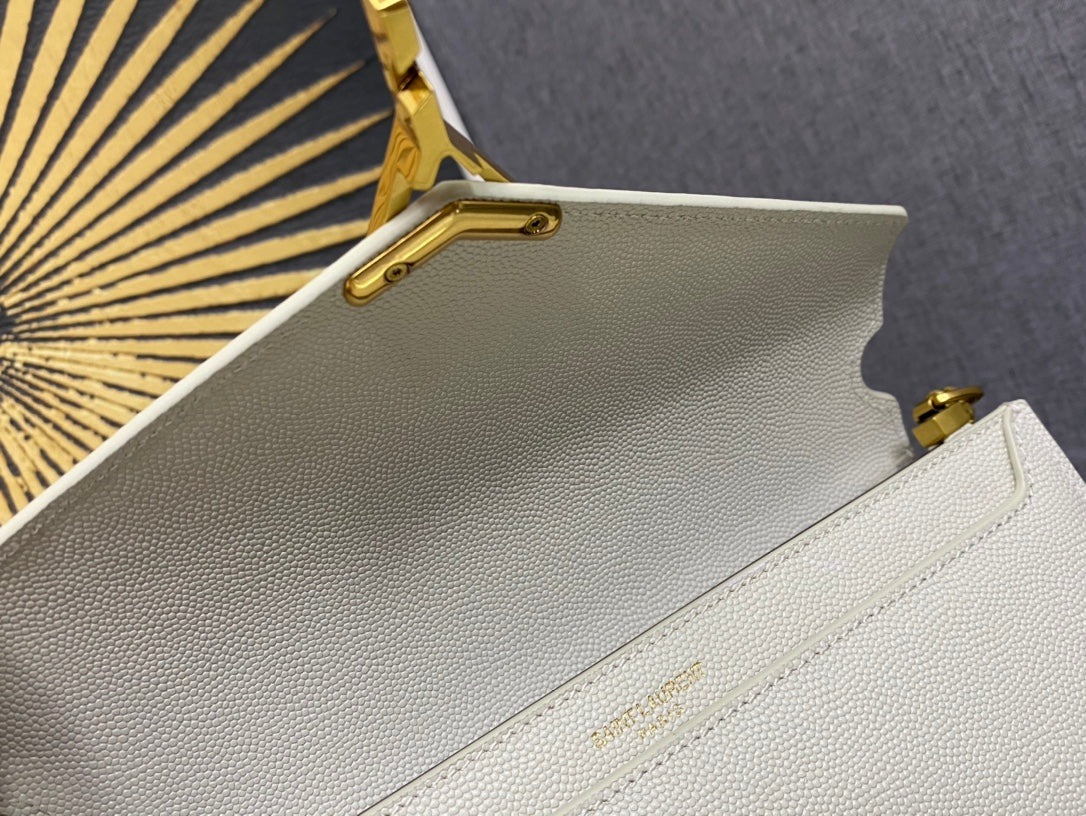 Saint Laurent Cassandra Envelope Shoulder Bag in White Leather with Gold Hardware