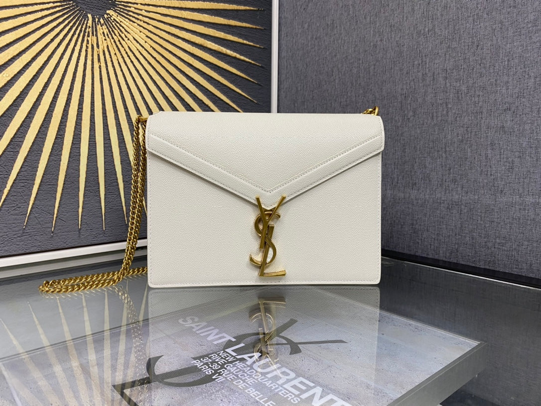 Saint Laurent Cassandra Envelope Shoulder Bag in White Leather with Gold Hardware
