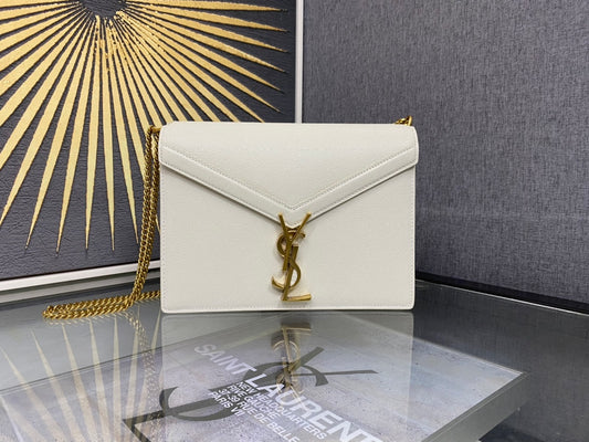 Saint Laurent Cassandra Envelope Shoulder Bag in White Leather with Gold Hardware