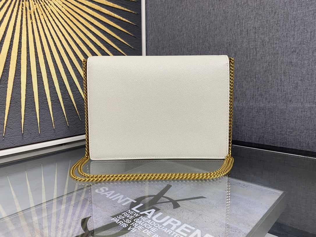 Saint Laurent Cassandra Envelope Shoulder Bag in White Leather with Gold Hardware