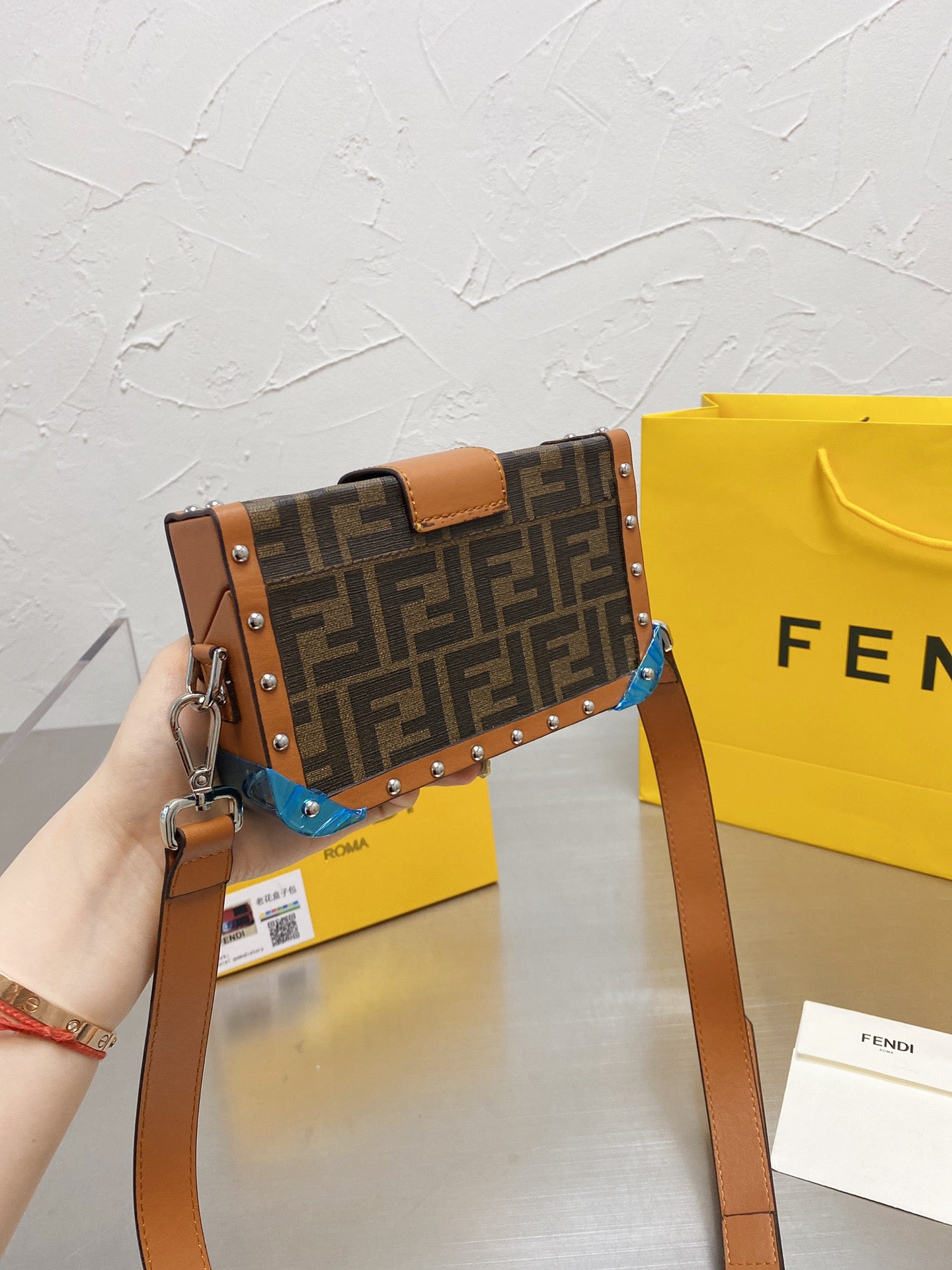 Fendi Baguette Trunk Mini Brown FF Fabric Bag with Studs and Leather Strap
