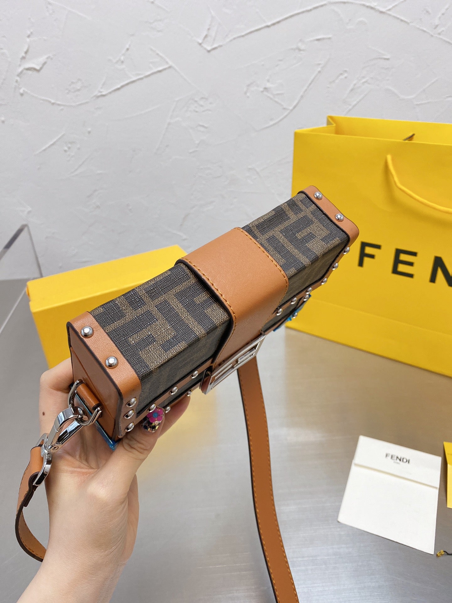 Fendi Baguette Trunk Mini Brown FF Fabric Bag with Studs and Leather Strap