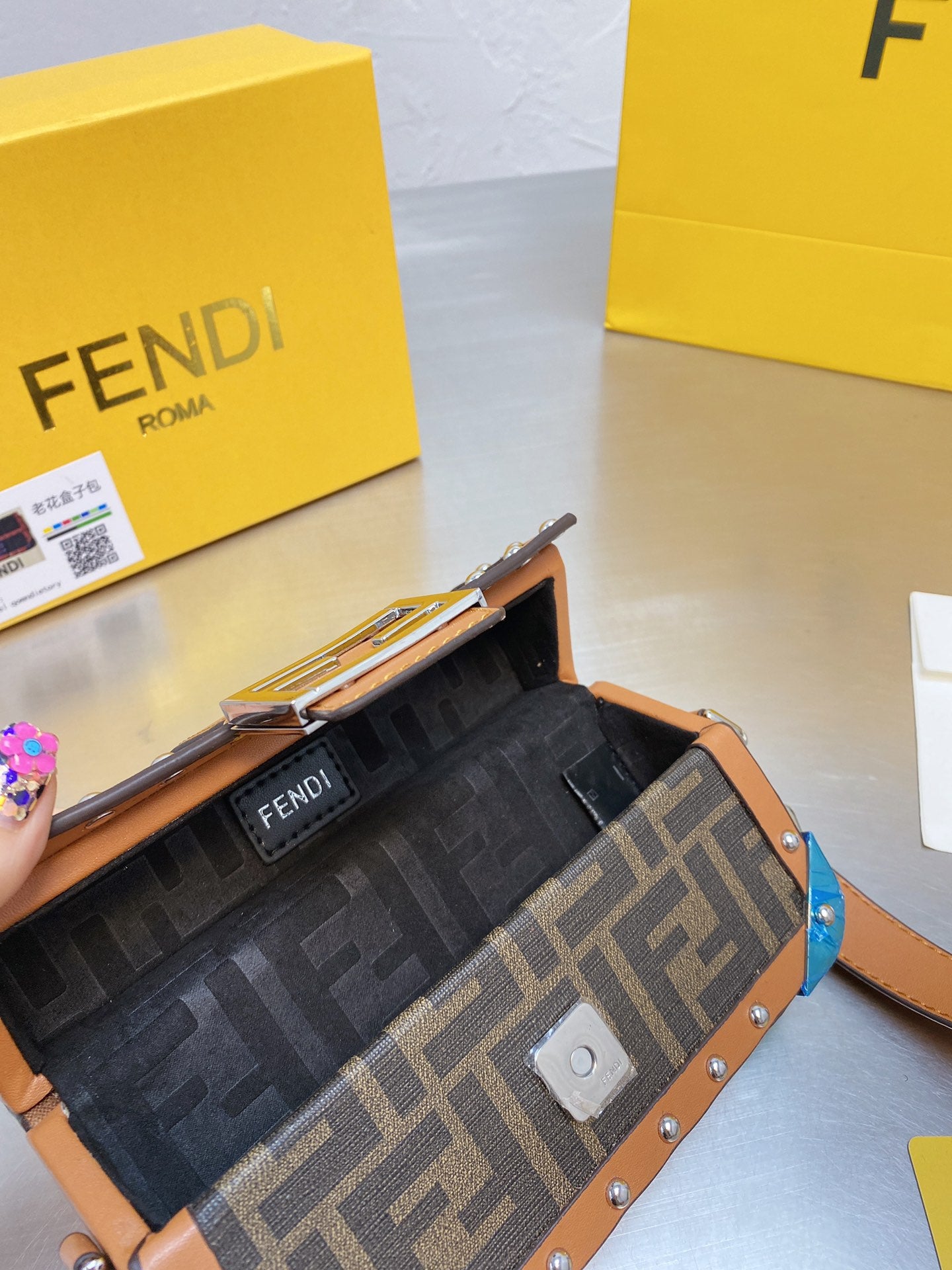 Fendi Baguette Trunk Mini Brown FF Fabric Bag with Studs and Leather Strap
