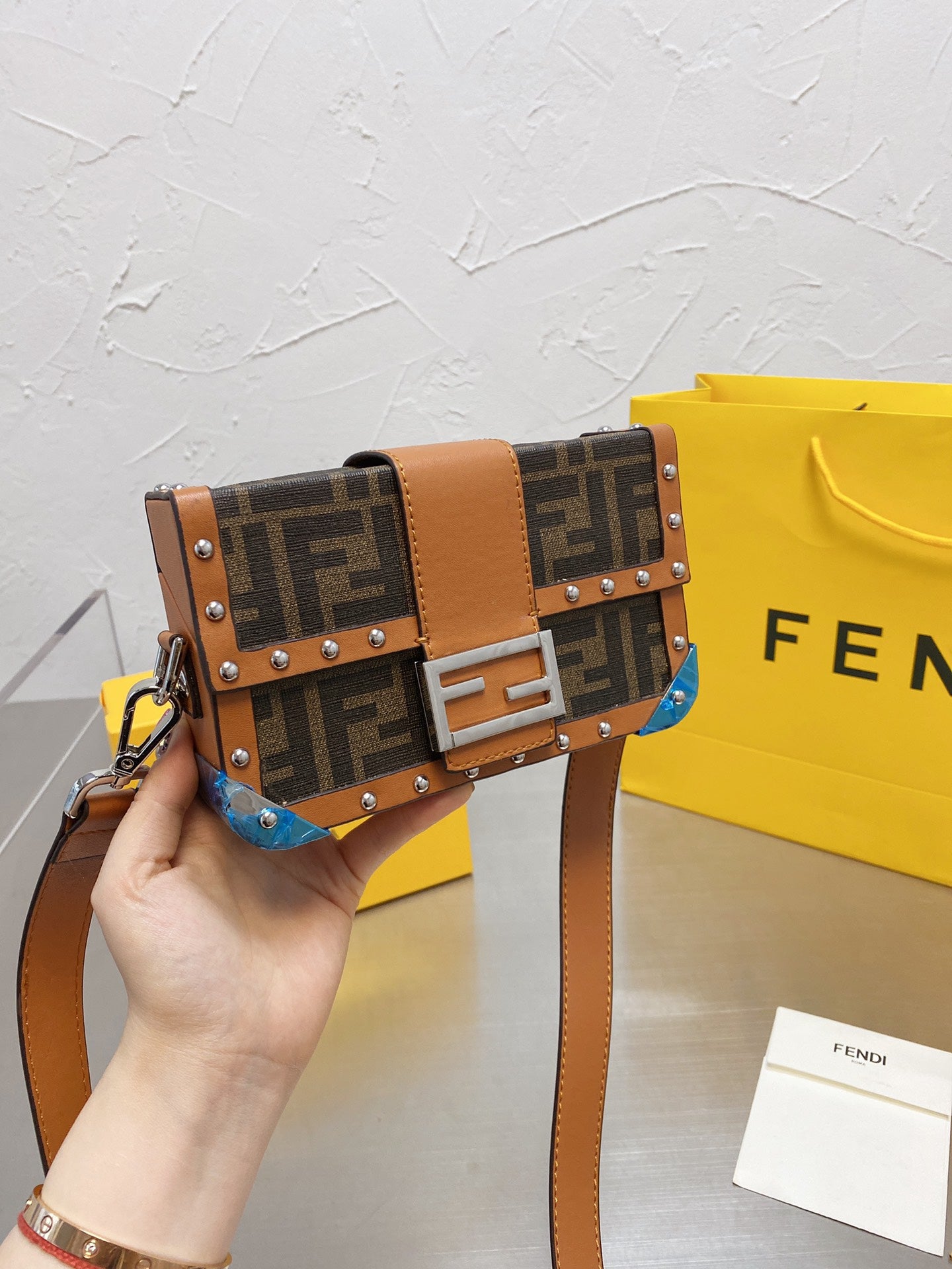 Fendi Baguette Trunk Mini Brown FF Fabric Bag with Studs and Leather Strap