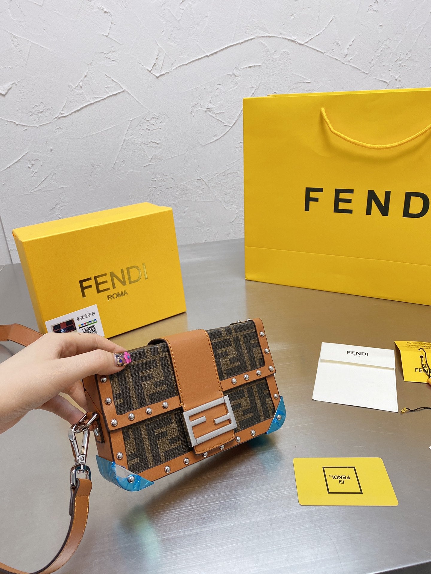 Fendi Baguette Trunk Mini Brown FF Fabric Bag with Studs and Leather Strap