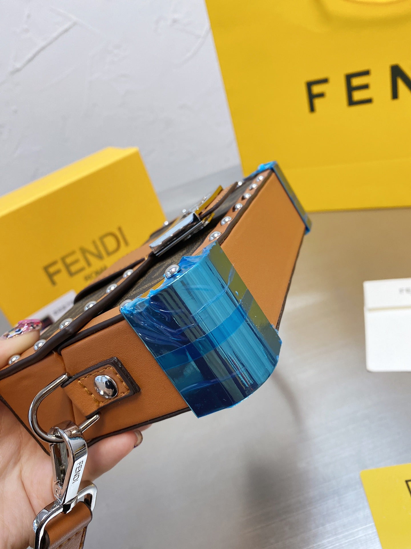 Fendi Baguette Trunk Mini Brown FF Fabric Bag with Studs and Leather Strap