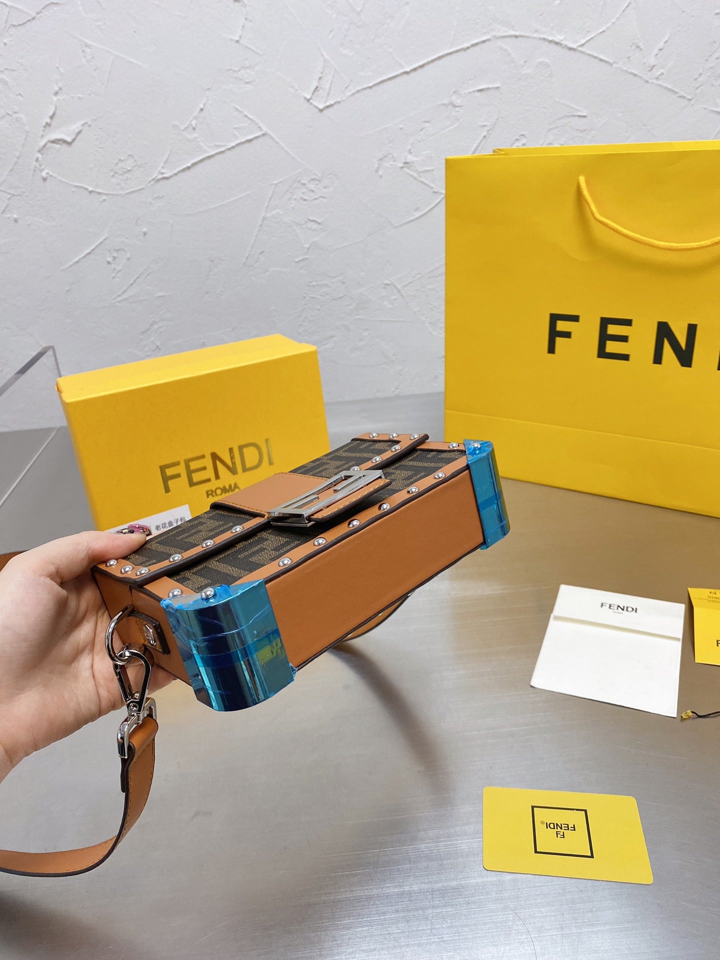 Fendi Baguette Trunk Mini Brown FF Fabric Bag with Studs and Leather Strap
