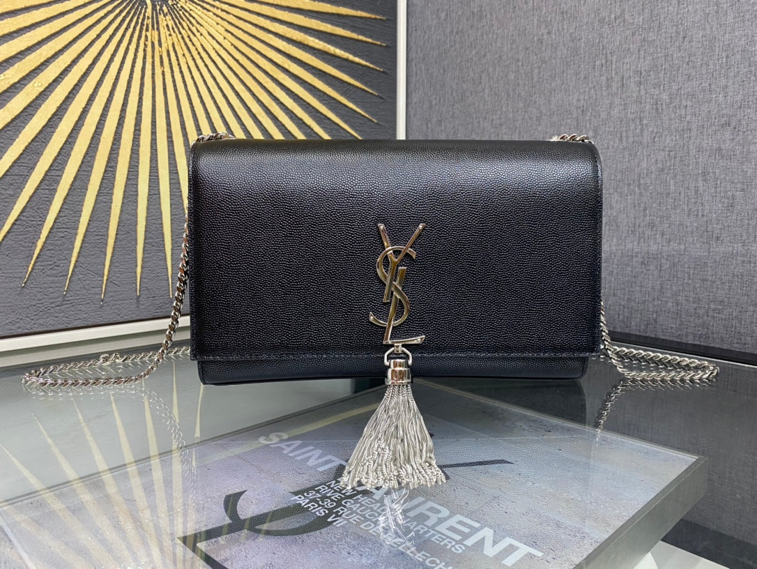 Saint Laurent Kate Medium Monogram Shoulder Bag with Tassel - Black Grain de Poudre Leather