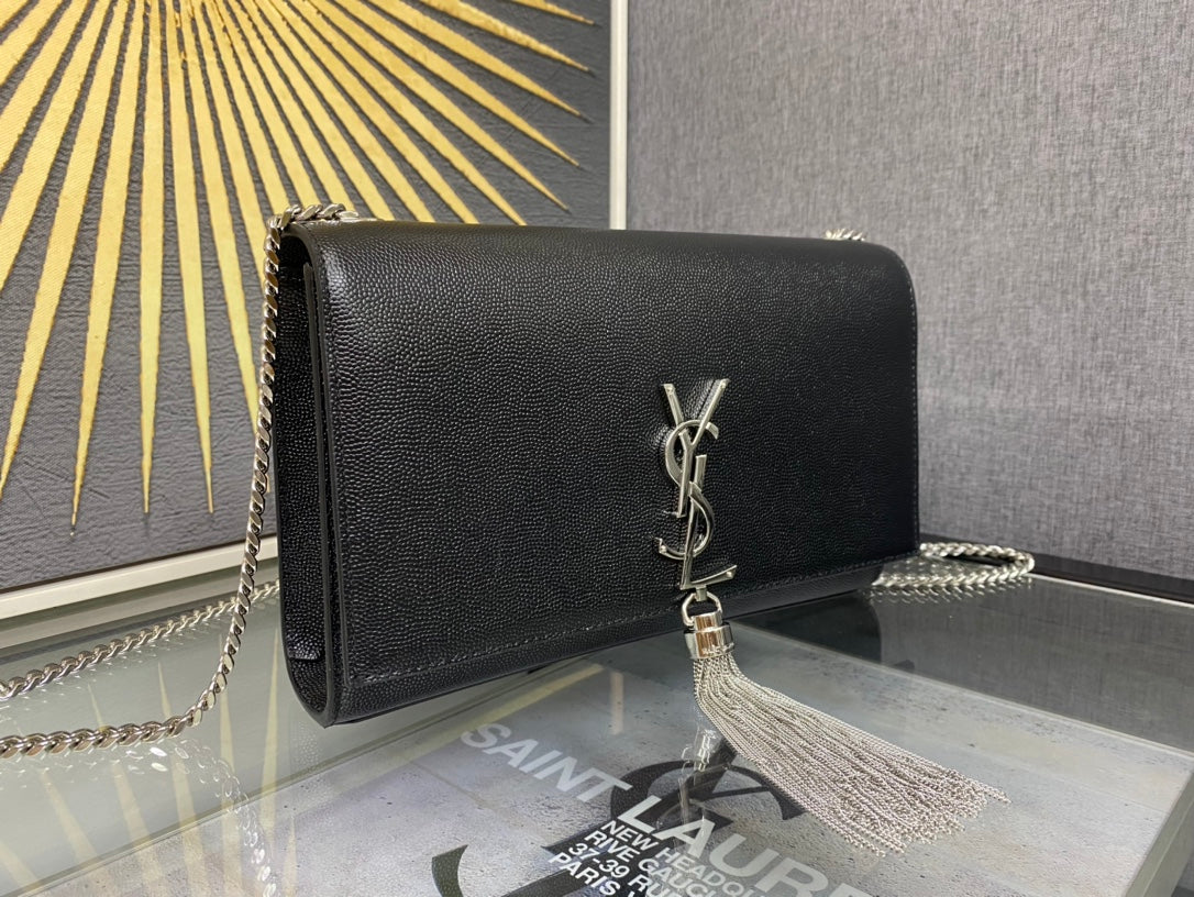 Saint Laurent Kate Medium Monogram Shoulder Bag with Tassel - Black Grain de Poudre Leather
