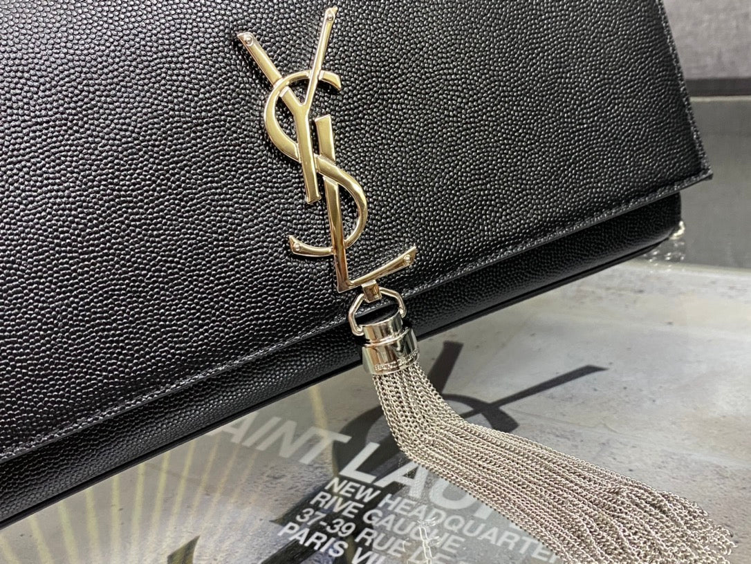 Saint Laurent Kate Medium Monogram Shoulder Bag with Tassel - Black Grain de Poudre Leather