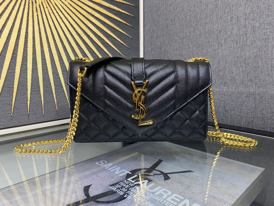 Saint Laurent Monogram Envelope Medium Bag in Quilted Leather - Black/Gold