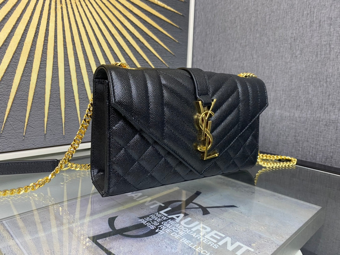 Saint Laurent Monogram Envelope Medium Bag in Quilted Leather - Black/Gold
