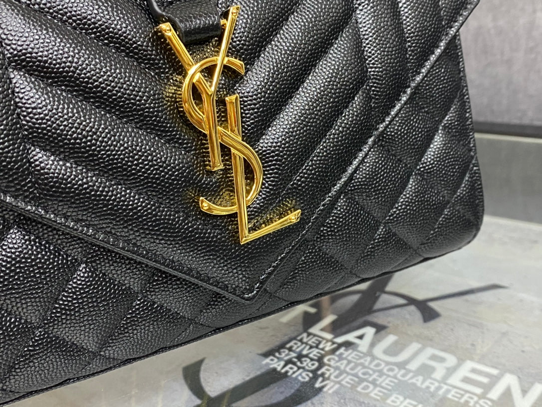 Saint Laurent Monogram Envelope Medium Bag in Quilted Leather - Black/Gold