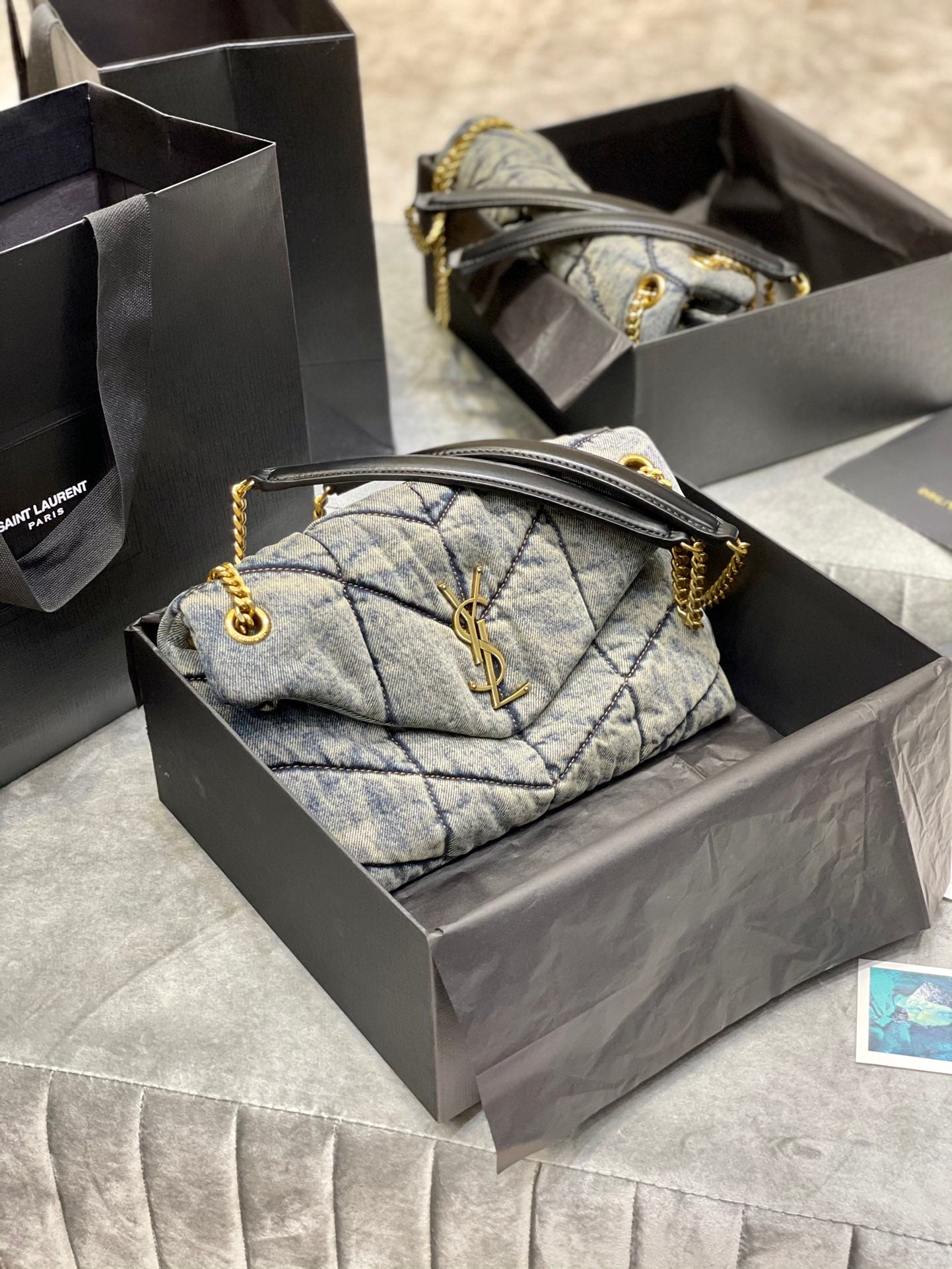 Saint Laurent Small Loulou Shoulder Bag in Quilted Denim - Blue with Gold Hardware