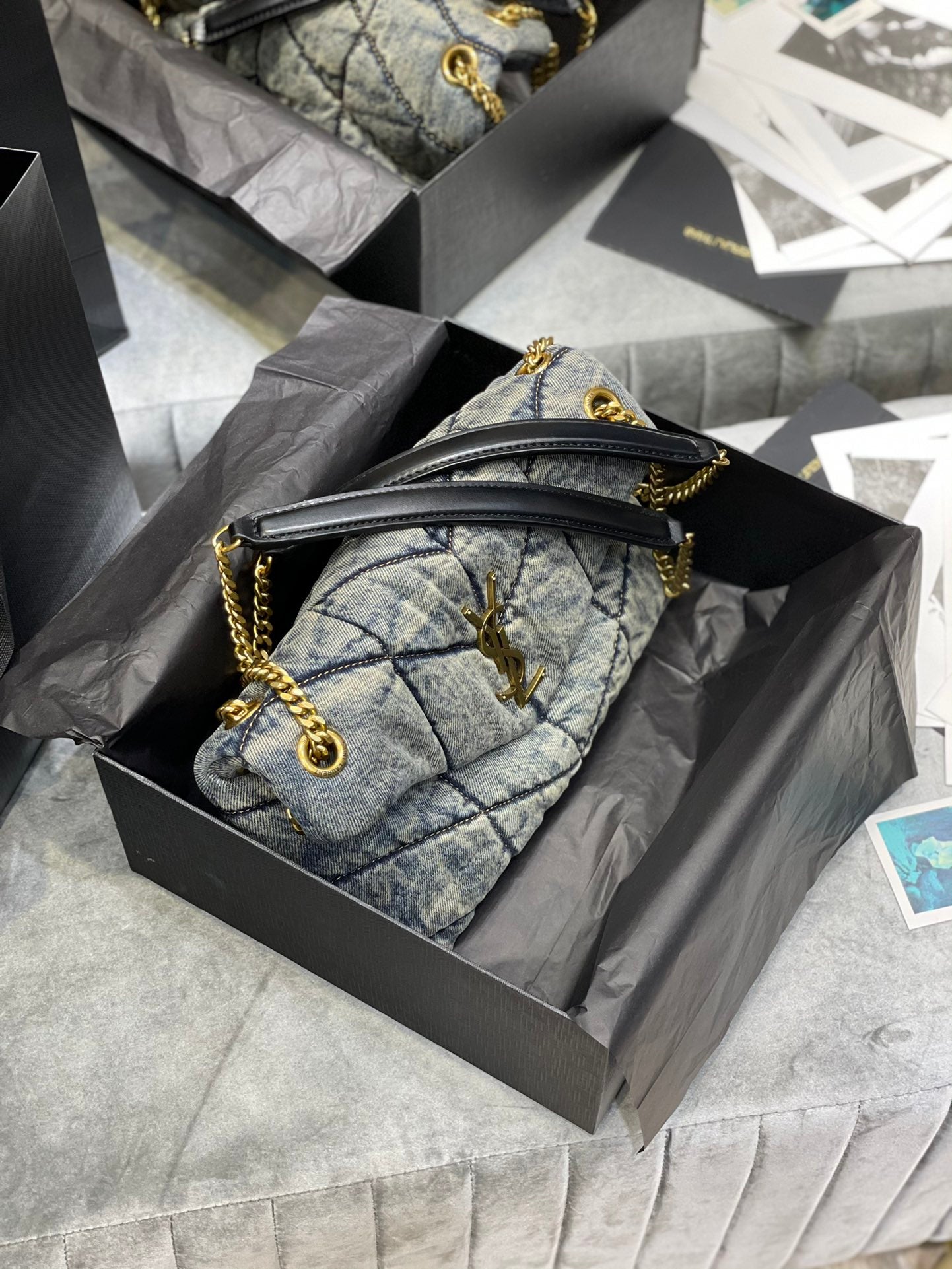 Saint Laurent Small Loulou Shoulder Bag in Quilted Denim - Blue with Gold Hardware