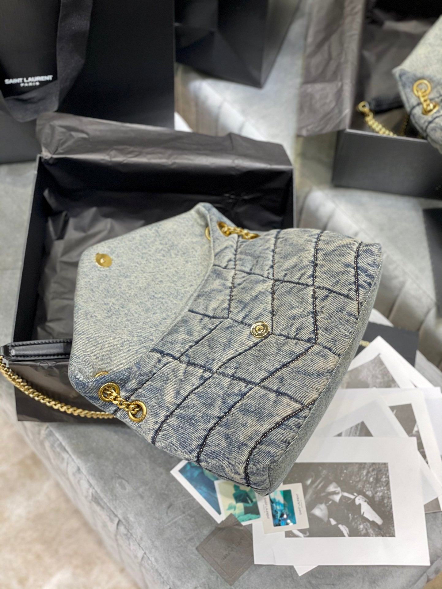 Saint Laurent Small Loulou Shoulder Bag in Quilted Denim - Blue with Gold Hardware
