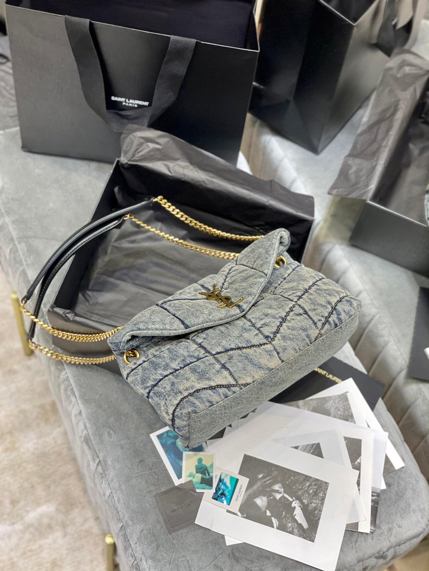 Saint Laurent Small Loulou Shoulder Bag in Quilted Denim - Blue with Gold Hardware
