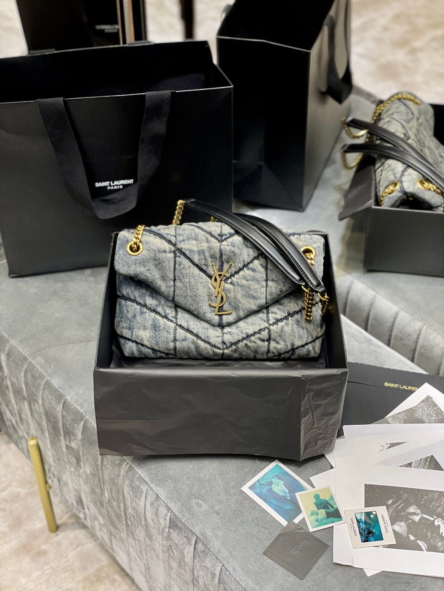 Saint Laurent Small Loulou Shoulder Bag in Quilted Denim - Blue with Gold Hardware