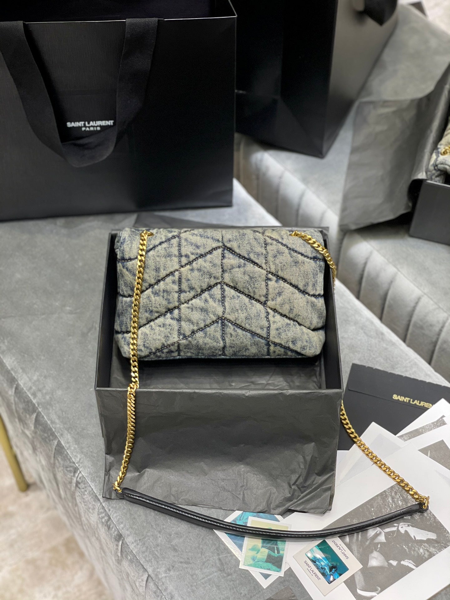 Saint Laurent (YSL) Small Loulou Denim Shoulder Bag with Gold-Tone Hardware