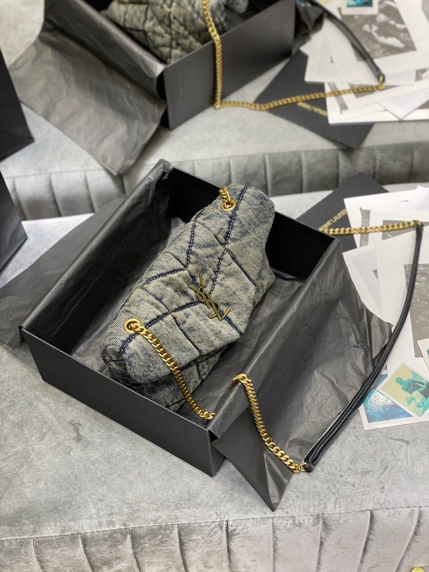 Saint Laurent (YSL) Small Loulou Denim Shoulder Bag with Gold-Tone Hardware