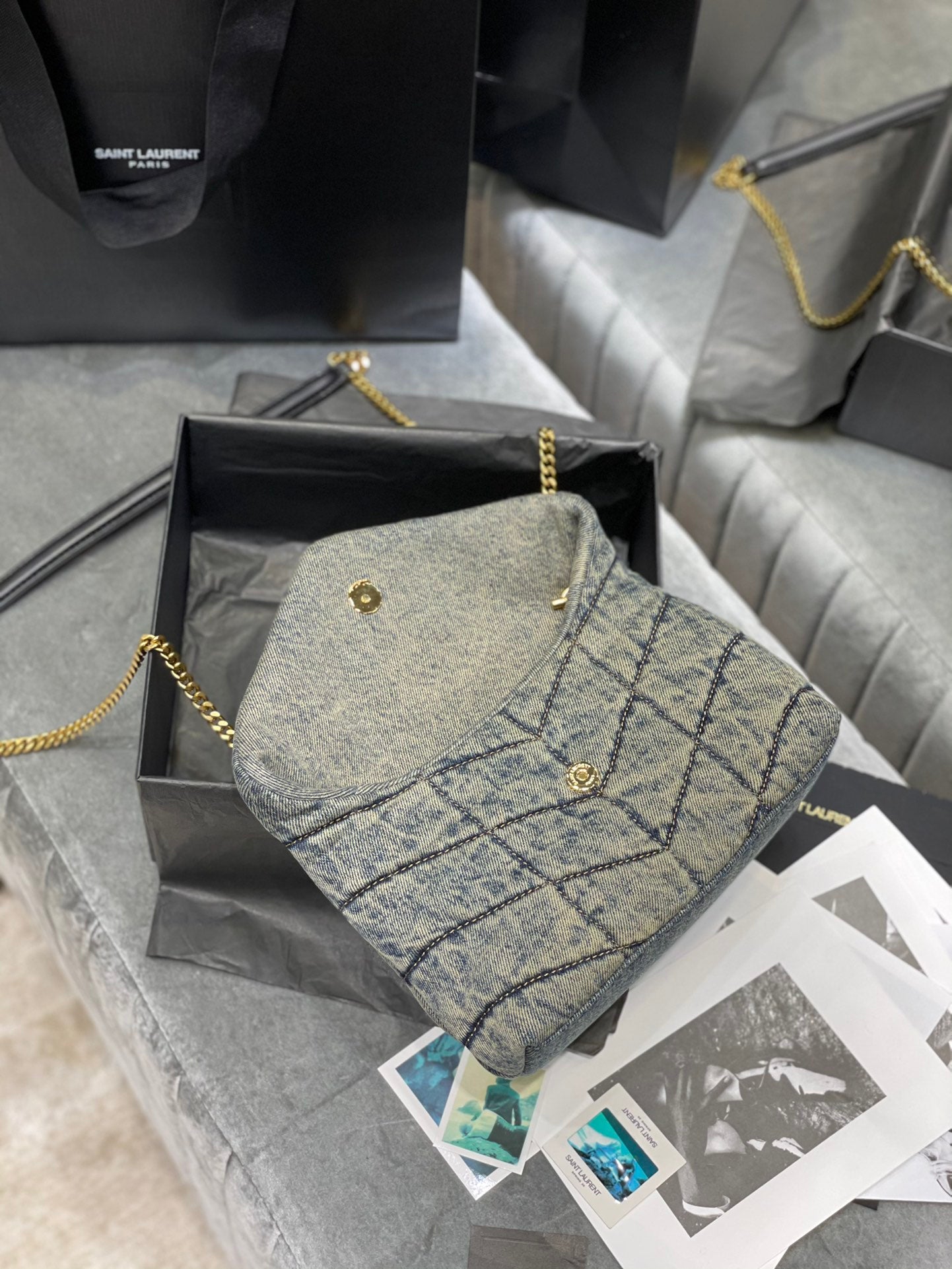 Saint Laurent (YSL) Small Loulou Denim Shoulder Bag with Gold-Tone Hardware