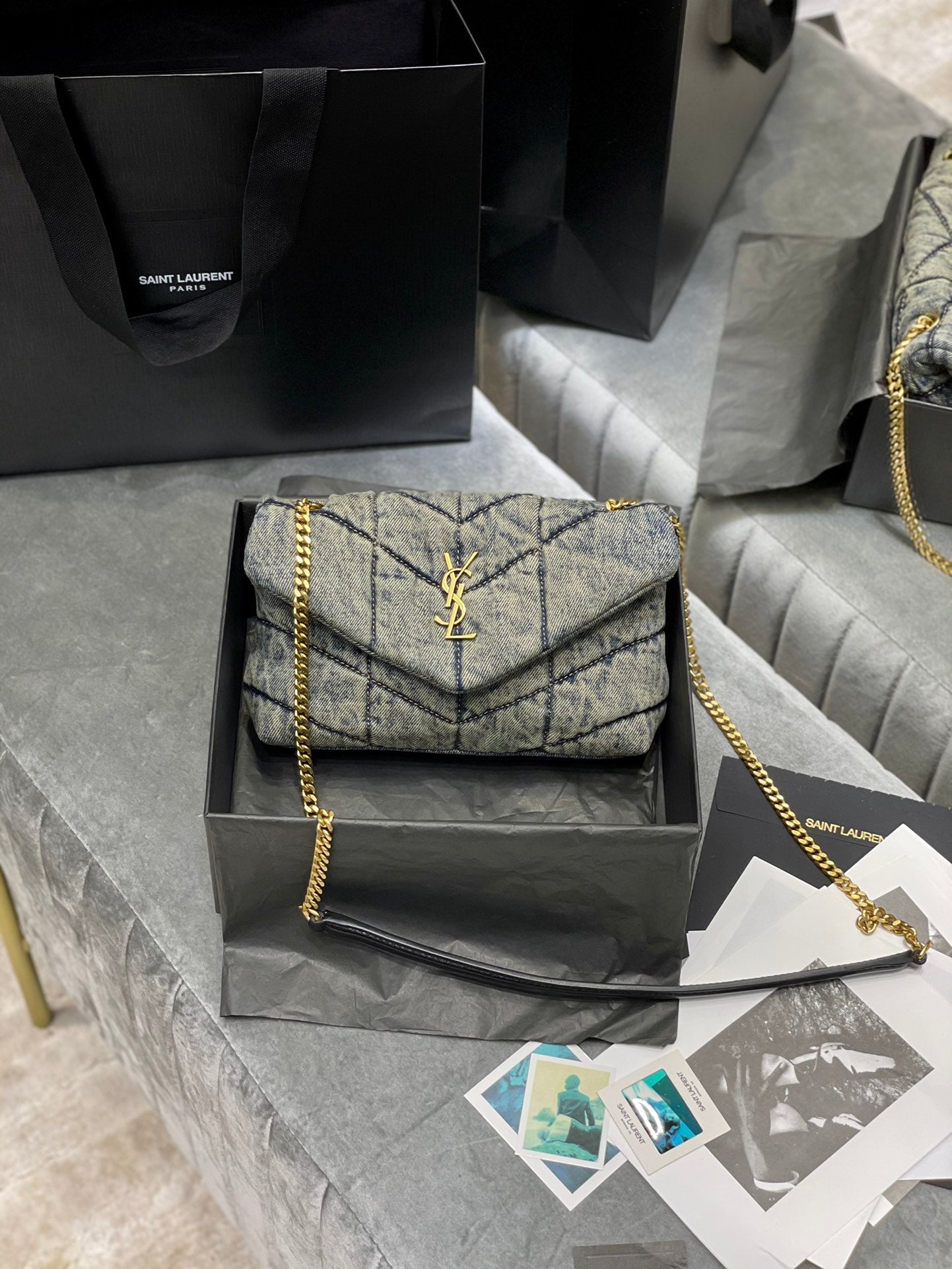 Saint Laurent (YSL) Small Loulou Denim Shoulder Bag with Gold-Tone Hardware
