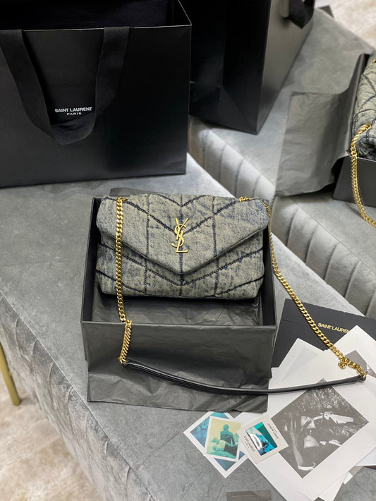 Saint Laurent (YSL) Small Loulou Denim Shoulder Bag with Gold-Tone Hardware