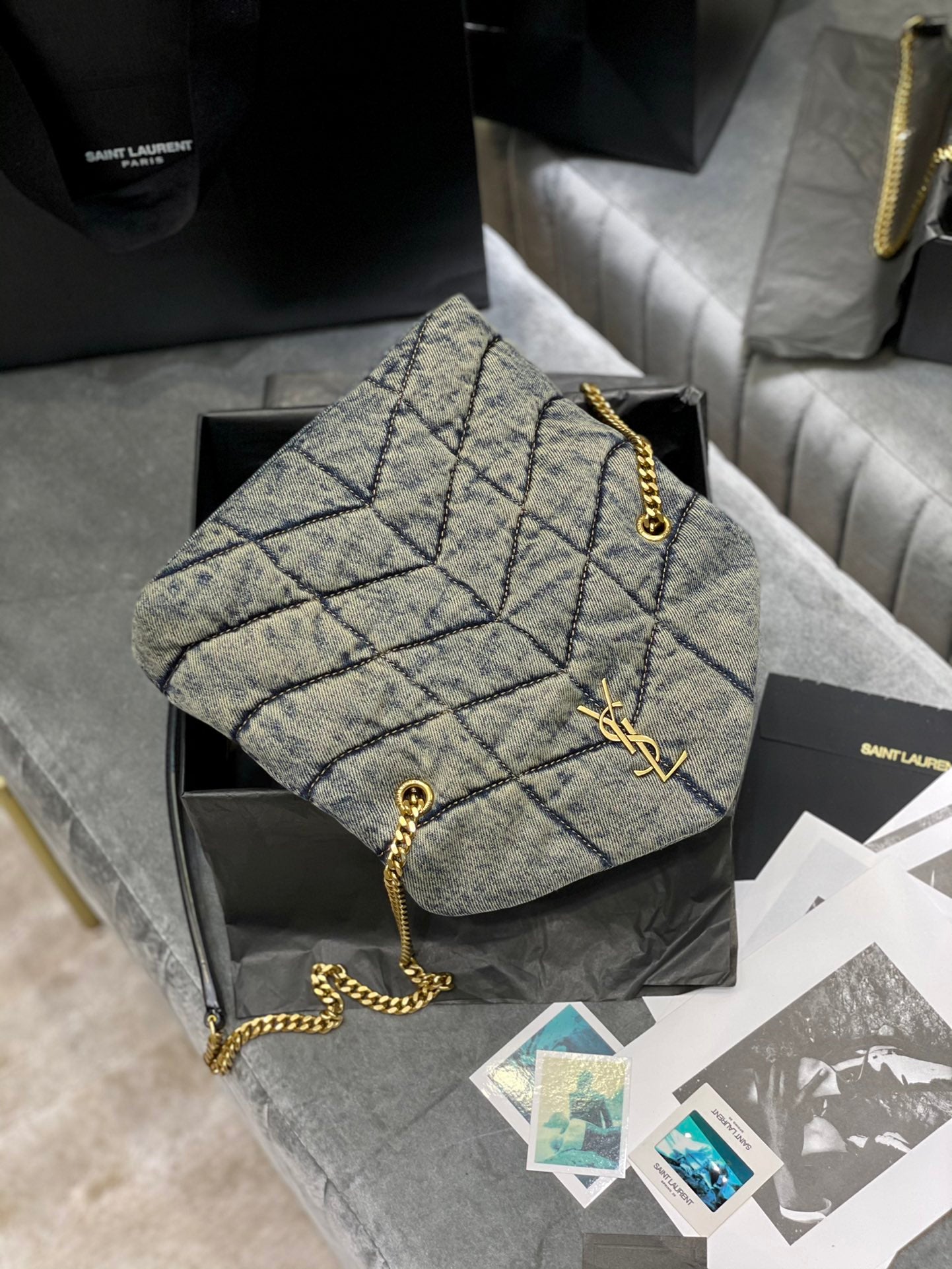 Saint Laurent (YSL) Small Loulou Denim Shoulder Bag with Gold-Tone Hardware