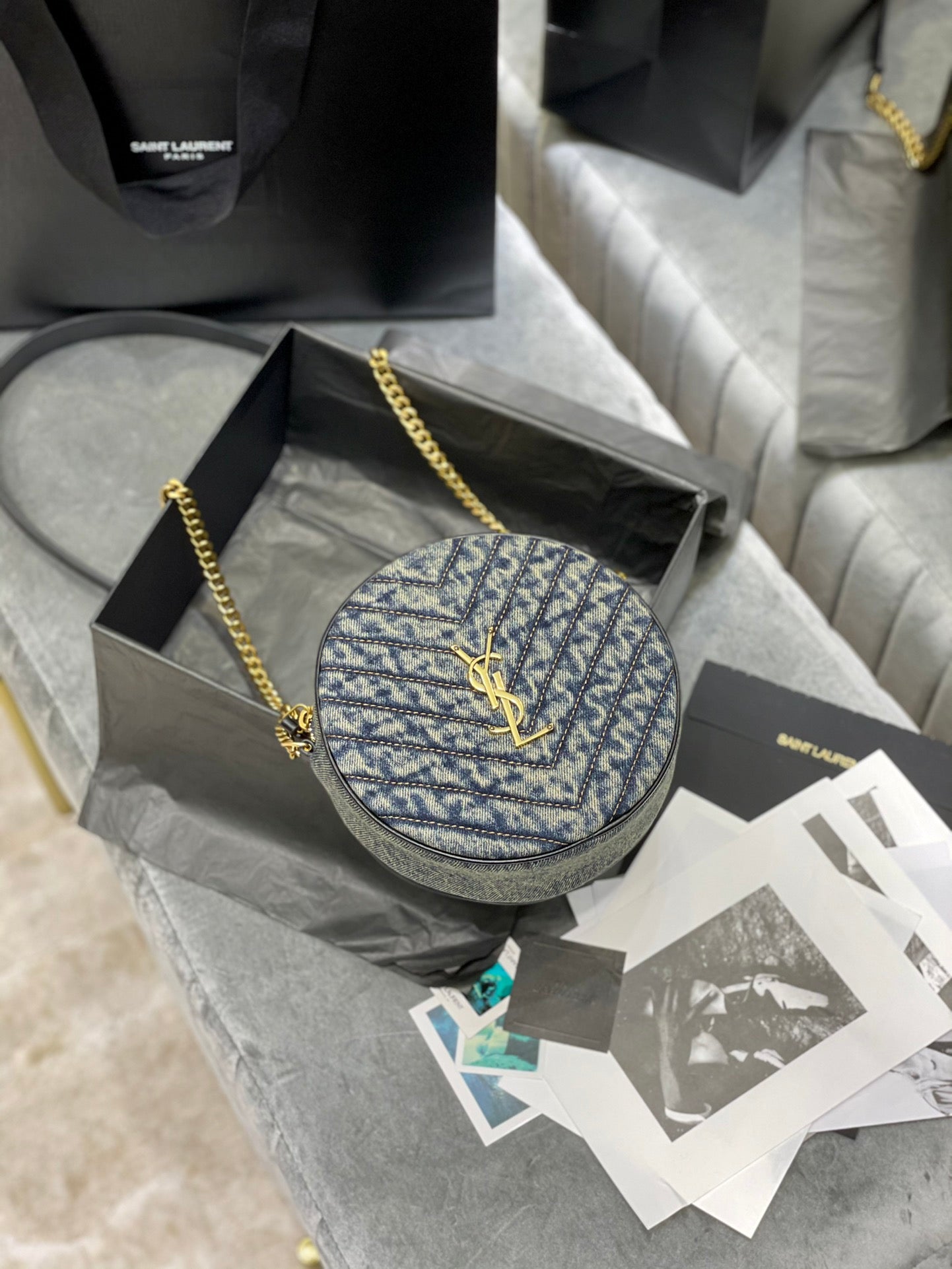 Saint Laurent Vinyle Round Monogram Quilted Crossbody Bag - Black