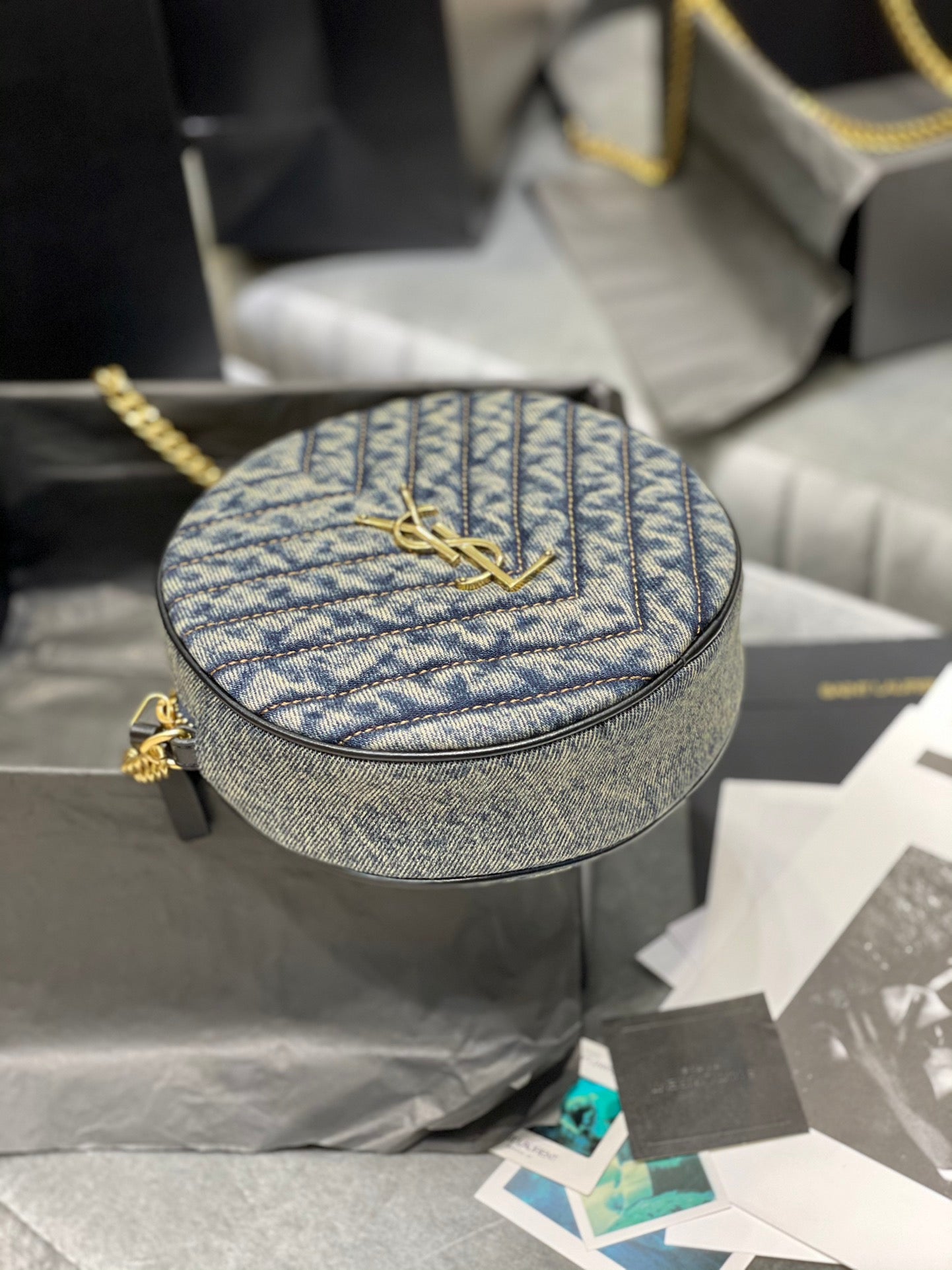 Saint Laurent Vinyle Round Monogram Quilted Crossbody Bag - Black