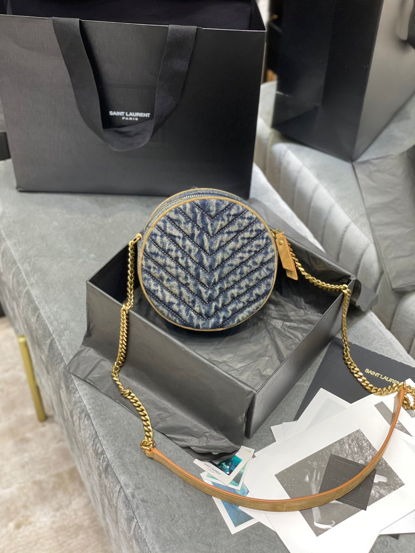Saint Laurent Vinyle Round Camera Bag in Monogram Canvas and Leather
