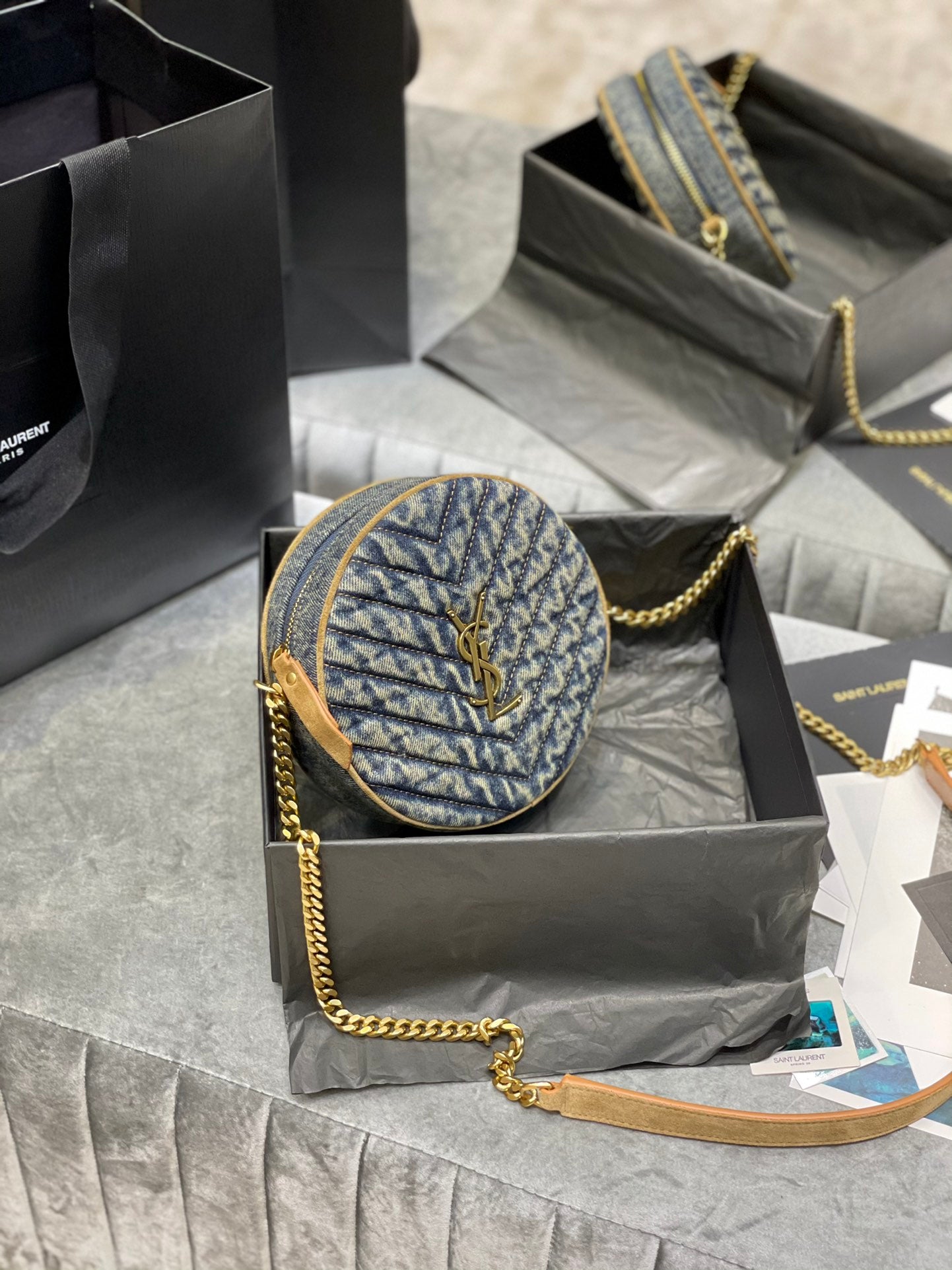 Saint Laurent Vinyle Round Camera Bag in Monogram Canvas and Leather