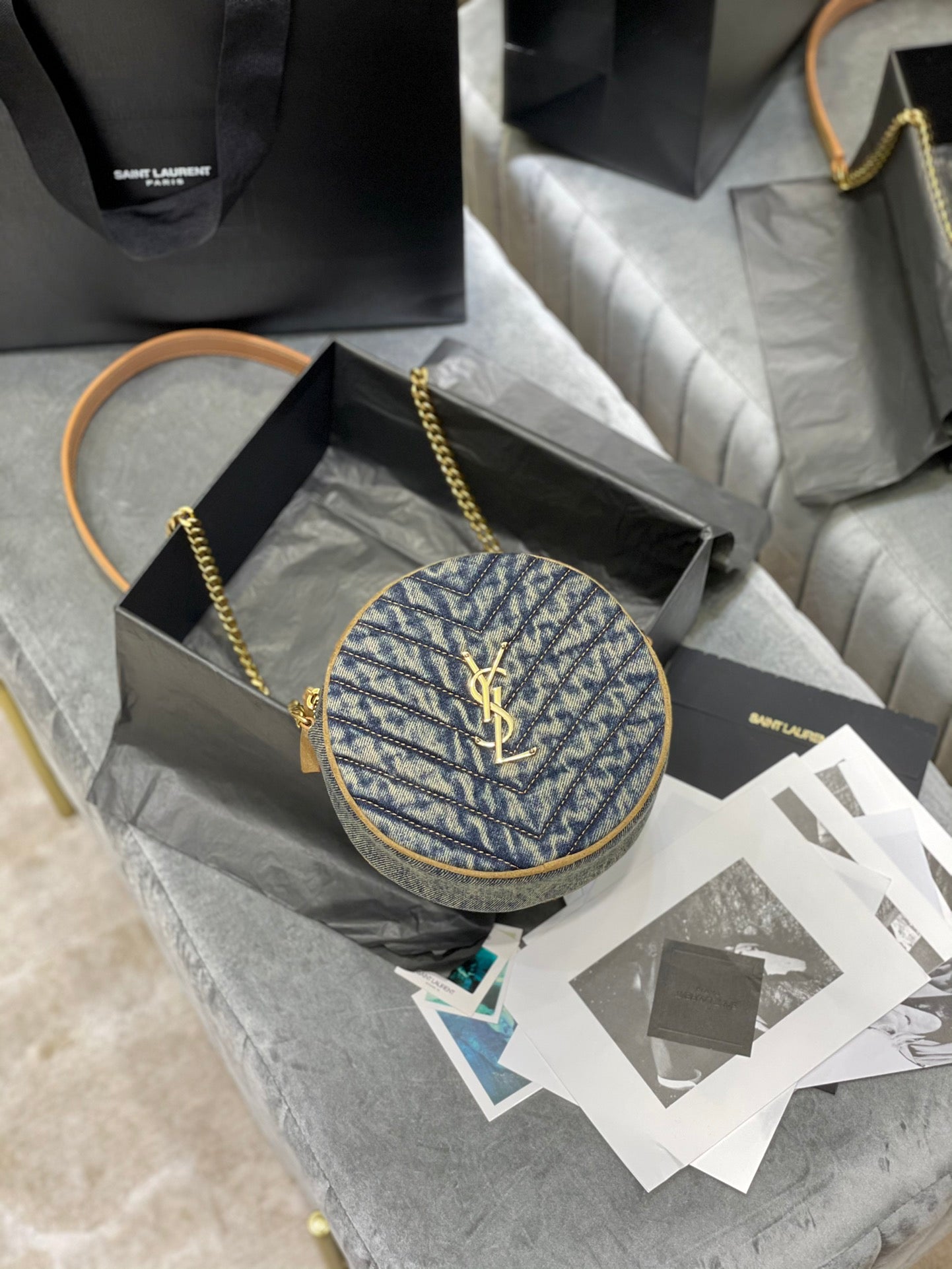 Saint Laurent Vinyle Round Camera Bag in Monogram Canvas and Leather