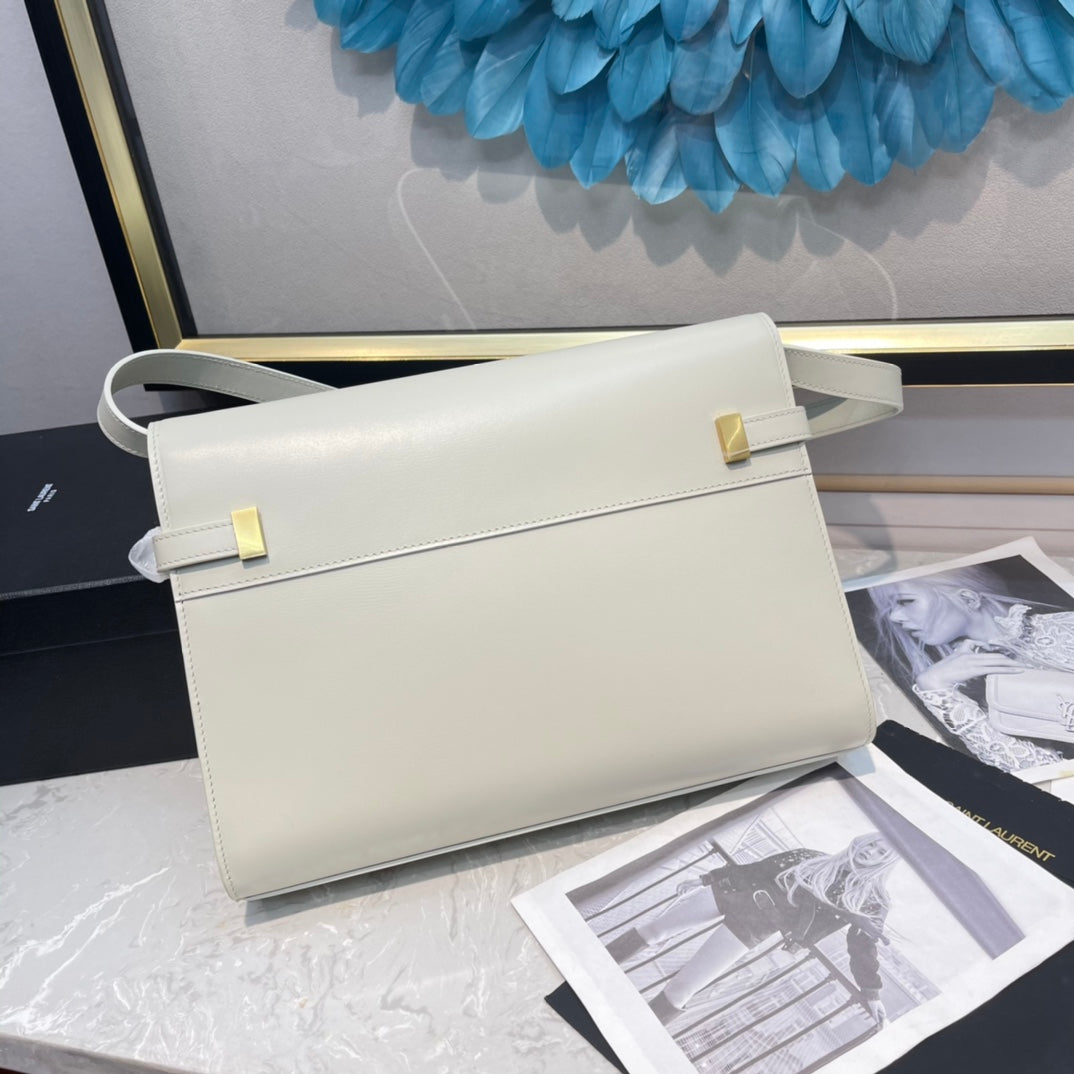 Elegant Women's Cream Leather Shoulder Bag with Gold Hardware and Buckle Detail