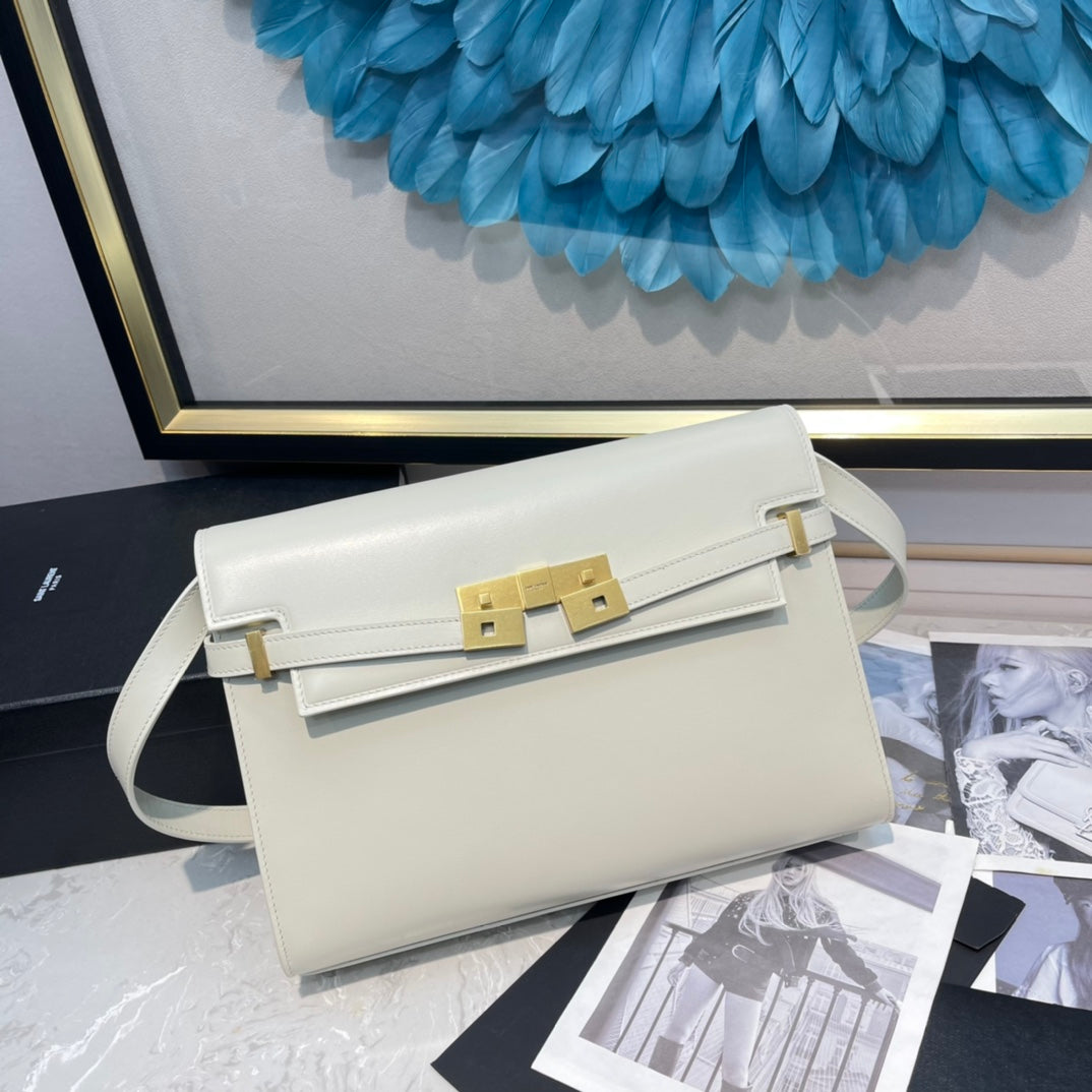 Elegant Women's Cream Leather Shoulder Bag with Gold Hardware and Buckle Detail