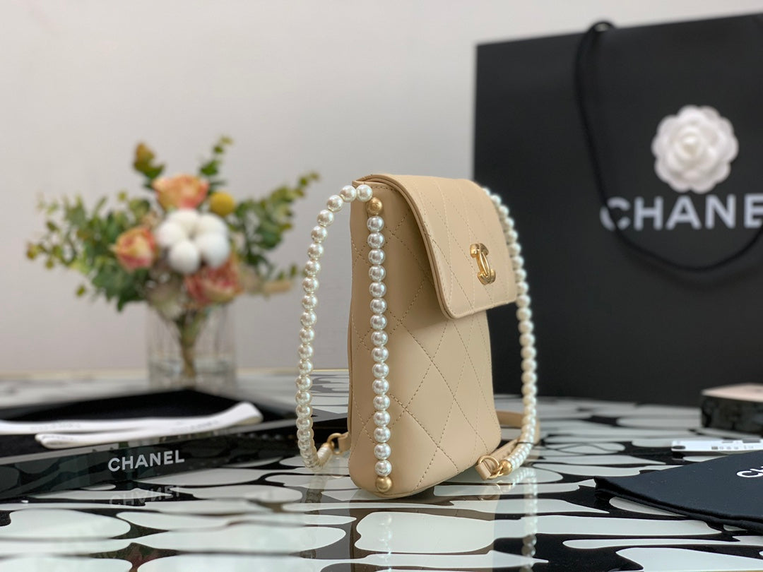 Chanel Beige Quilted Leather Pearl Strap Flap Bag
